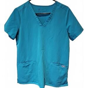 FIGS Casma Scrub Top Womens S Turquoise Stretch V Neck FW1100 Two Pocket EUC